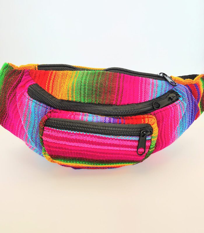 Multicolored striped fanny pack with zipper.