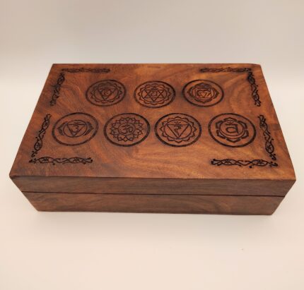 Wooden box with seven chakra symbols.