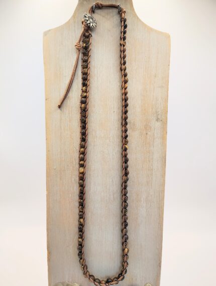 Brown leather cord necklace with tiger eye beads.