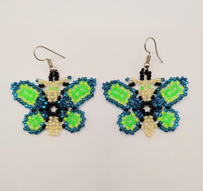 Beaded butterfly earrings in blue, green, and white.