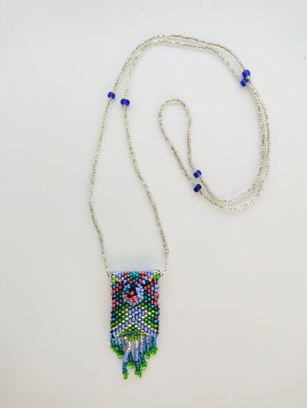 Beaded necklace with colorful pendant.