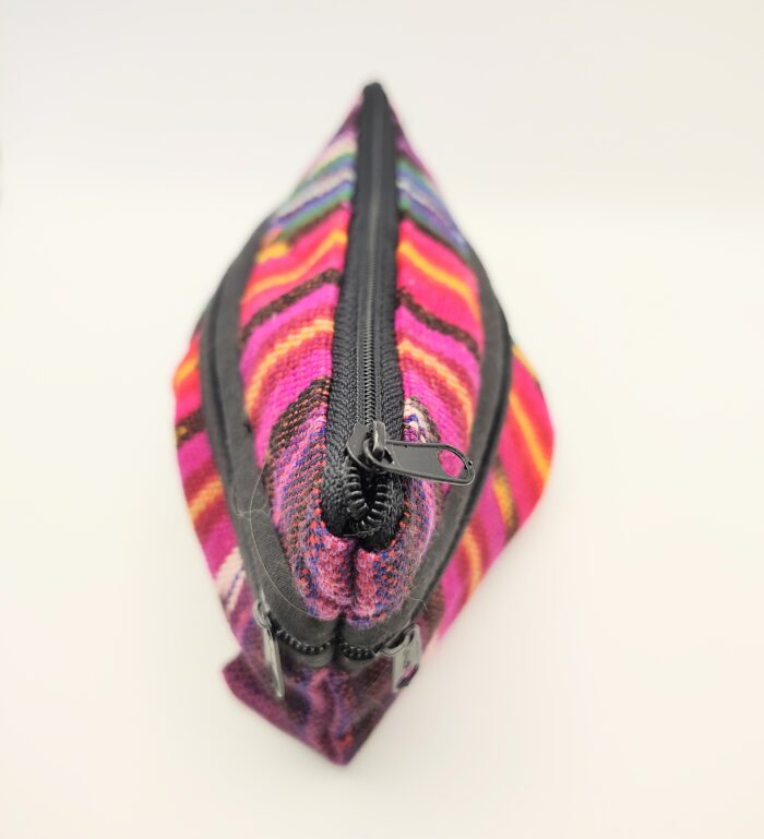 Pink and black zippered pouch.