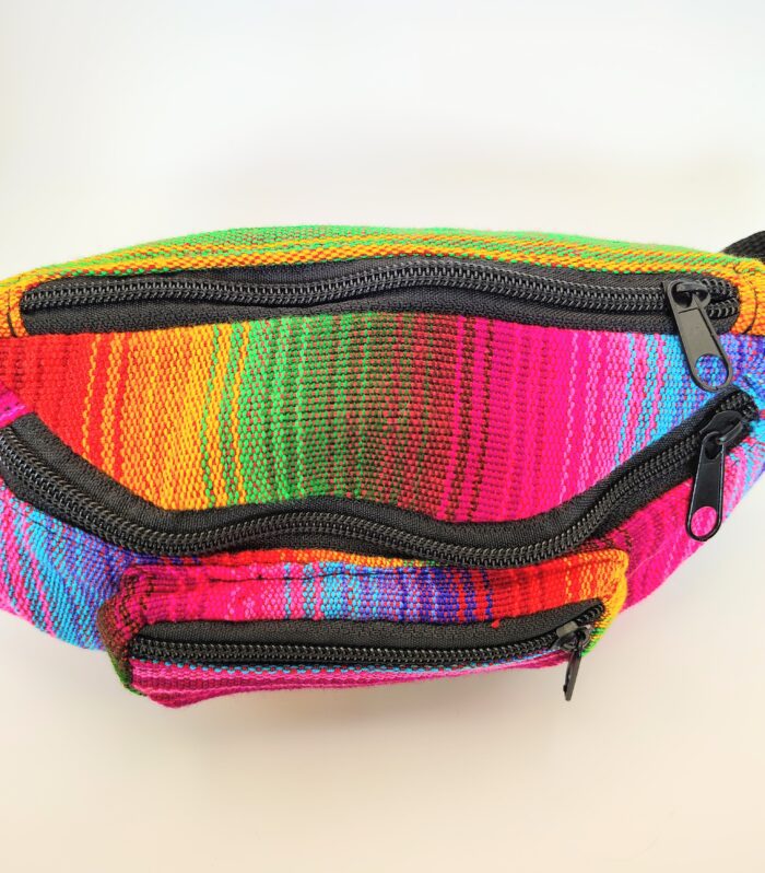 Colorful woven fanny pack with zippers.