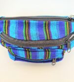 Blue and black striped fabric fanny pack.