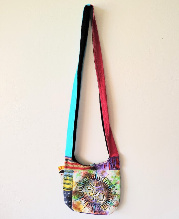 Colorful patchwork bag with Om symbol.