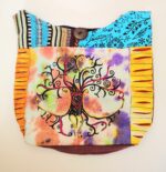 Colorful fabric bag with embroidered tree.