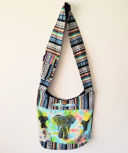 Colorful elephant patterned shoulder bag.