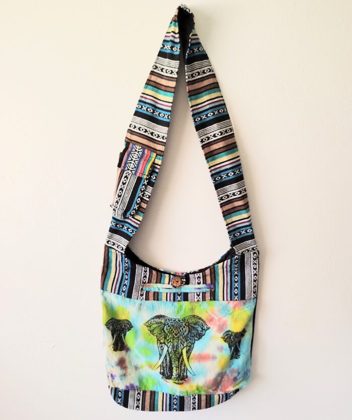 Colorful elephant patterned shoulder bag.