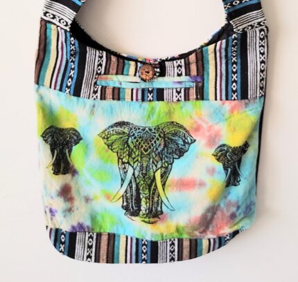 Tie-dye shoulder bag with elephant design.