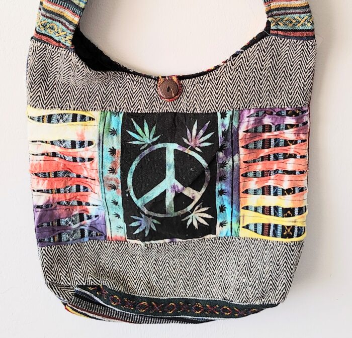 Patchwork peace sign tote bag.