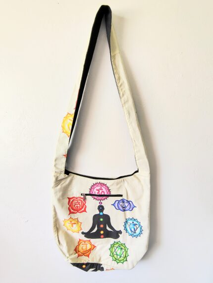 White canvas bag with chakra design.