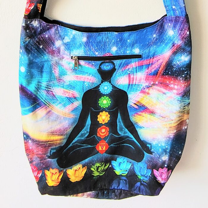 Chakra yoga tote bag with lotus flowers.