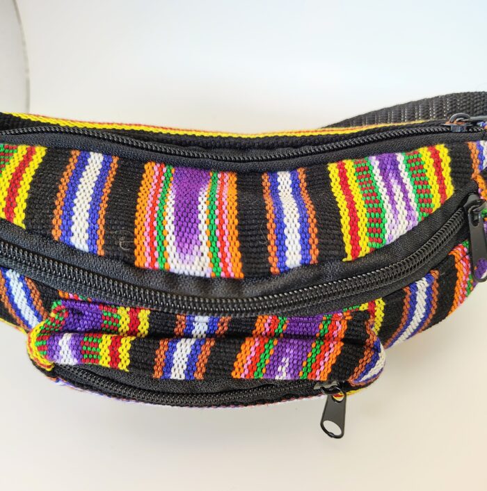 Colorful striped fabric fanny pack.