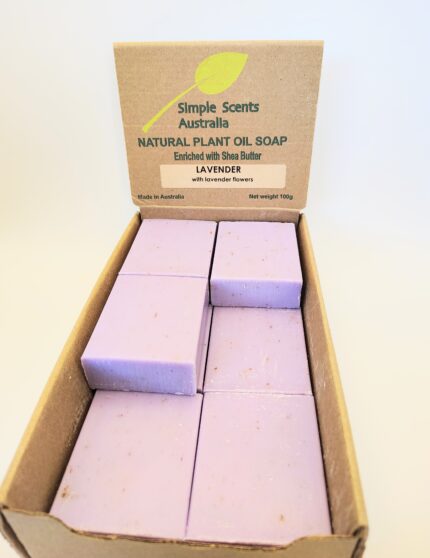 Lavender plant oil soap bars in box.