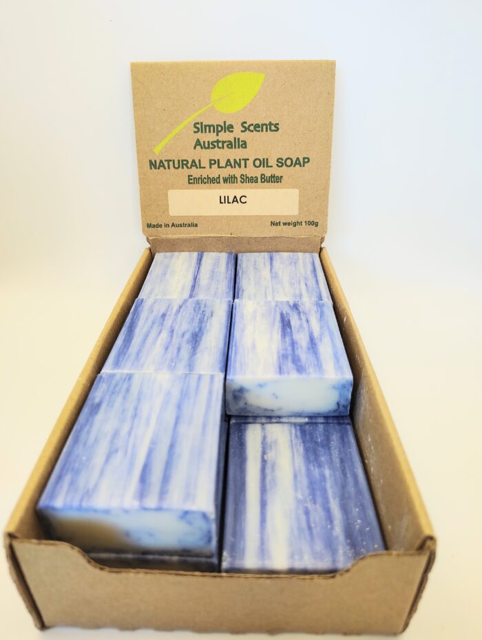 Lilac plant oil soap bars in box.