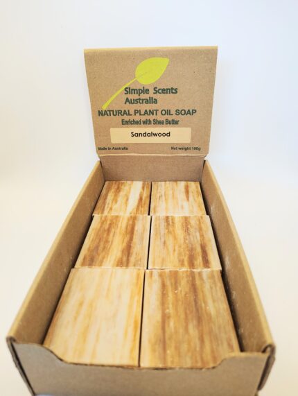 Sandalwood plant oil soap bars in box.