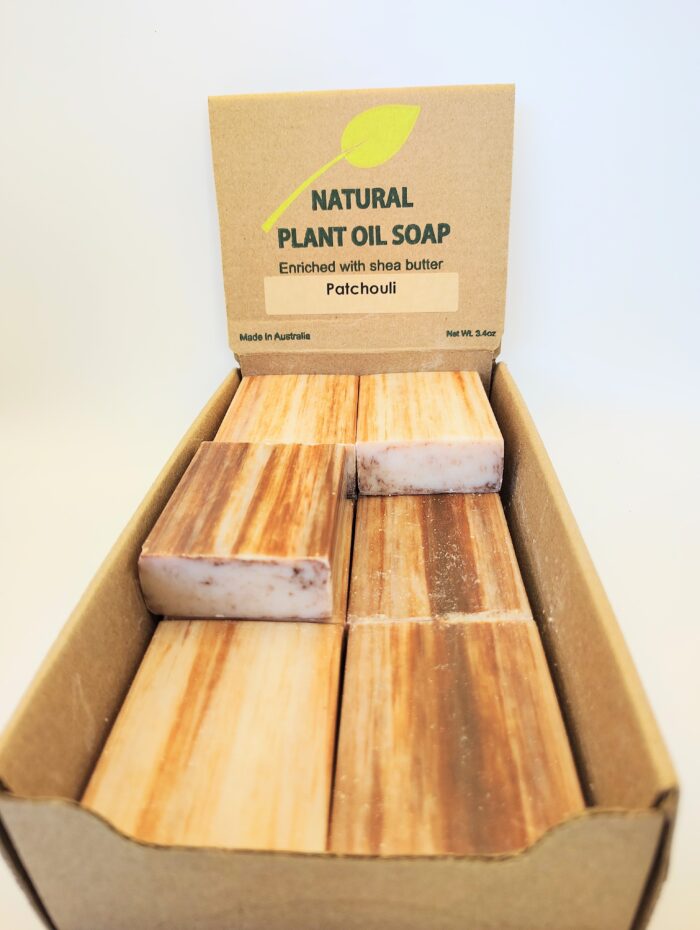 Patchouli plant oil soap bars in a box.