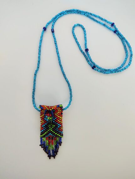 Beaded necklace with colorful pendant.