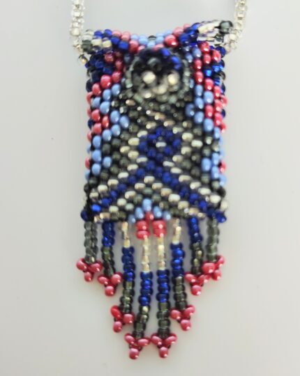 Beaded necklace with red, blue, and grey beads.