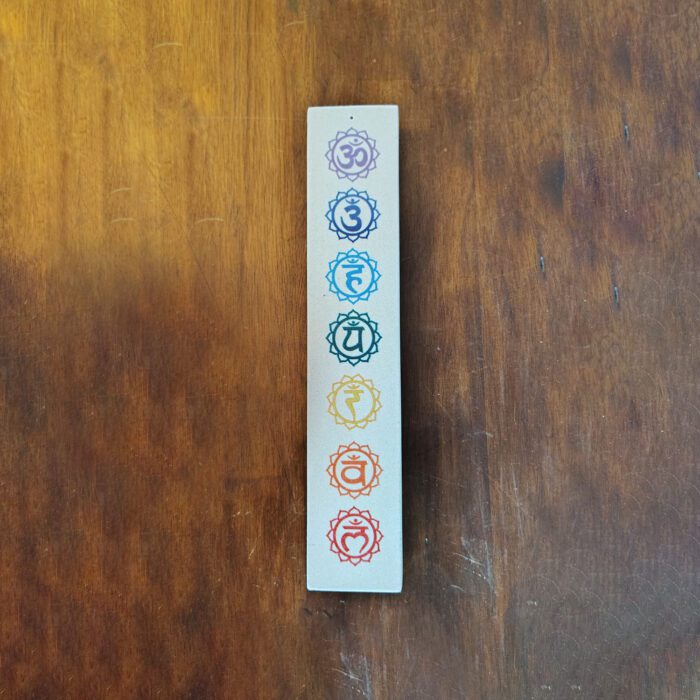 White card with seven chakra symbols.