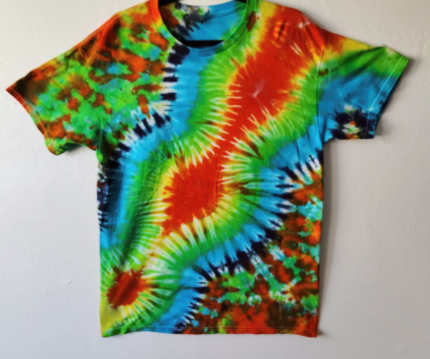 Tie-dye shirt in blue, green, and orange.