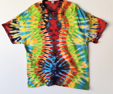 Multicolored tie-dye shirt with a dark center.