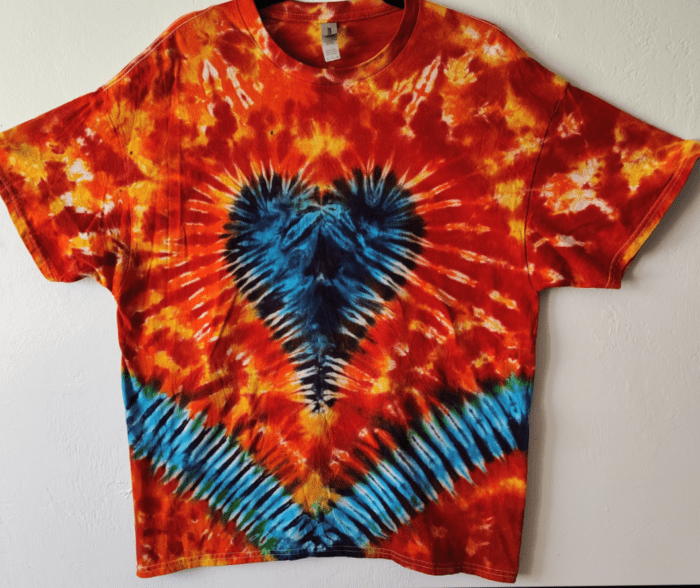 Tie-dye t-shirt with a heart design.