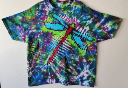 Tie-dye T-shirt with dragonfly design.