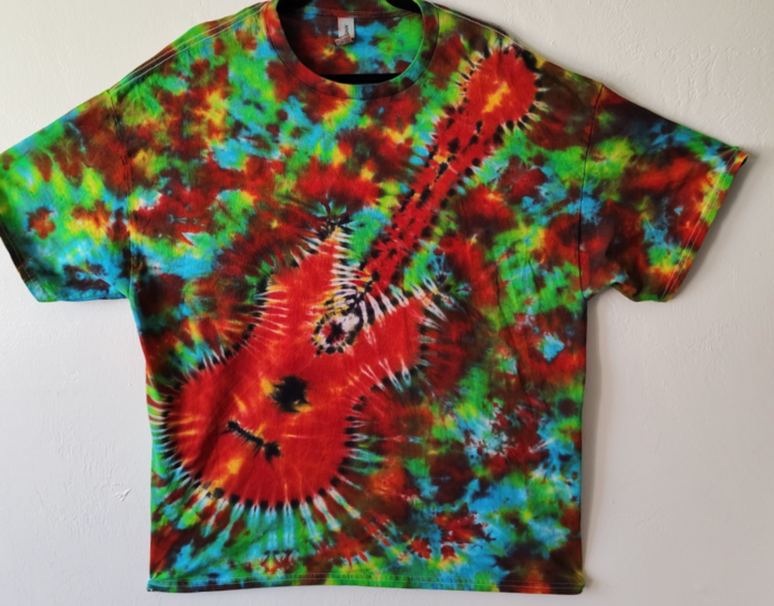 Red, green, and blue tie-dye t-shirt.