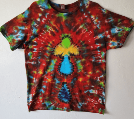 Red, yellow, green, and blue tie-dye shirt.