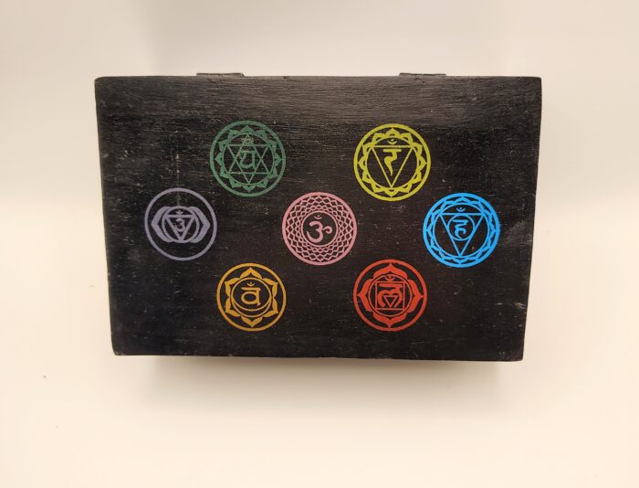 Black box with seven chakra symbols.