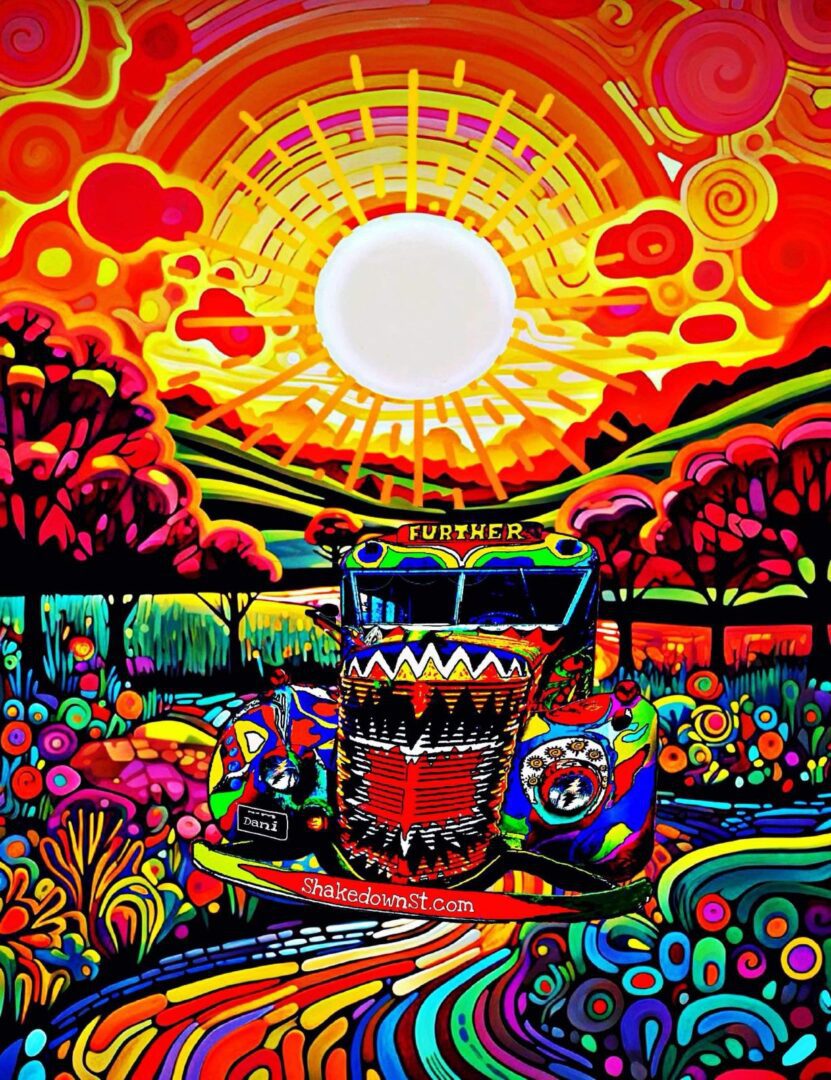 Psychedelic art with a car and sun.