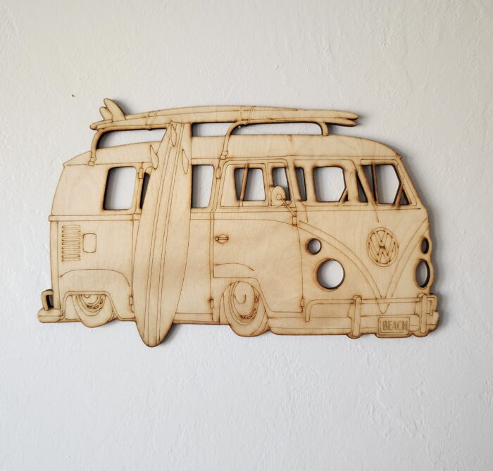 Wooden cutout of a beach van.