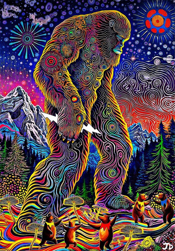 Colorful psychedelic Bigfoot with dancing bears.